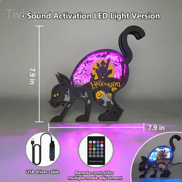 Halloween Black Cat 3D Wooden Carving,Suitable for Home Decoration,Holiday Gift,Art Night Light
